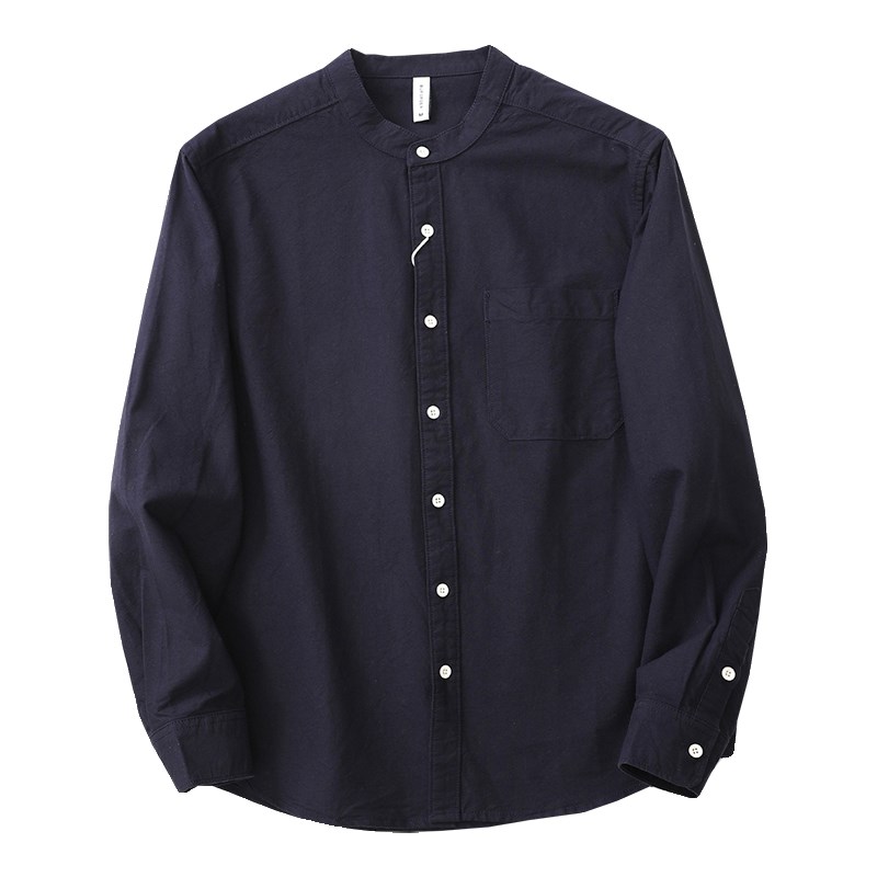 2024春秋季新款简约纯棉长袖衬衫立领男士无领衬衣新中式通勤上衣 - 图3