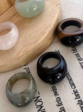 新中式轻奢多色天然石圆润指环小众设计高级感气质个性男女款戒指