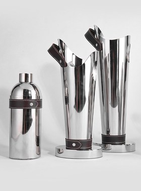 现代不锈钢金属皮革红酒冰桶托盘碗托厨房餐厅样板间桌面装饰摆件