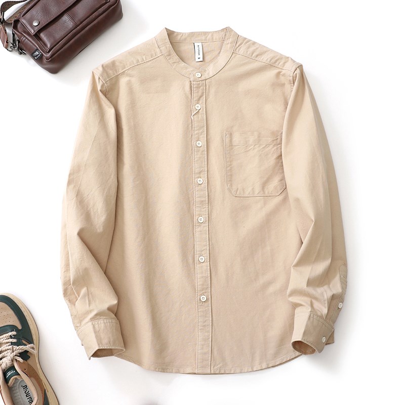 2024春秋季新款简约纯棉长袖衬衫立领男士无领衬衣新中式通勤上衣 - 图0