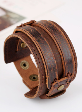 配饰复古朋克风牛皮手链简约多层男士饰品欧美真皮手链