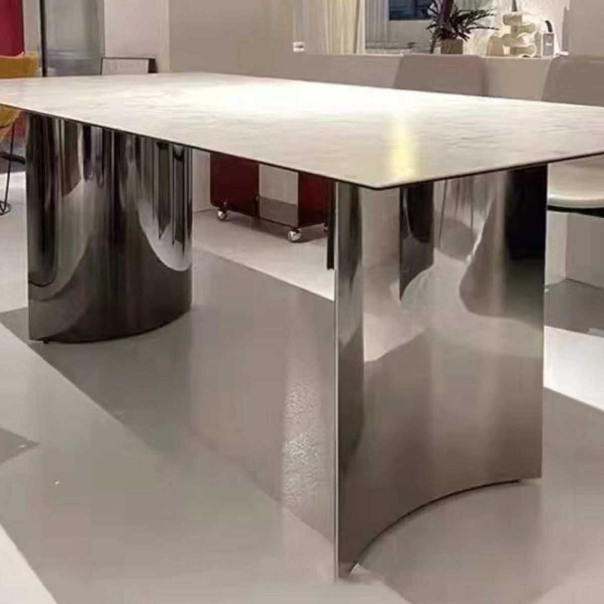 意式极简不锈钢岩板餐桌镜面月牙款轻奢现代家用饭桌长方形高级感,淘宝优惠券,粉丝福利购,淘宝优惠卷