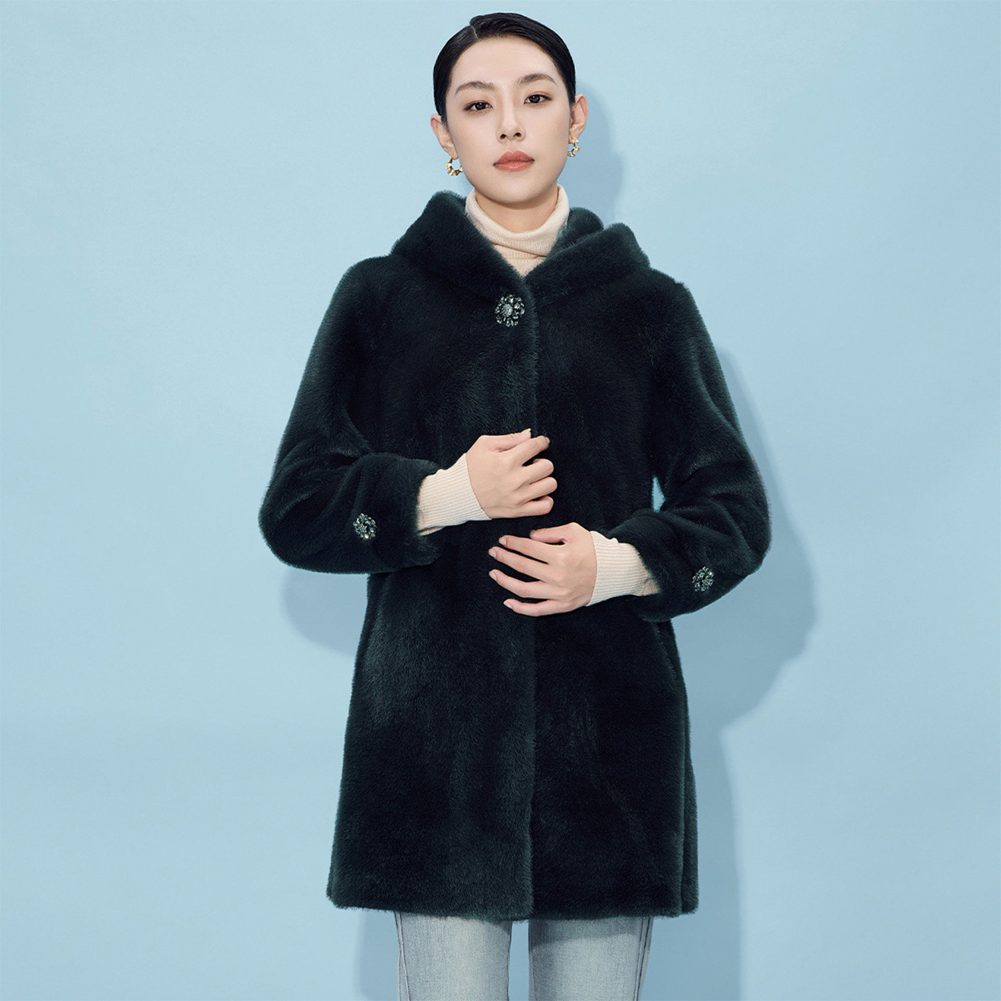 马天奴2025冬季新款连帽钻扣收腰金貂绒外套仿皮草轻奢保暖时尚女,淘宝优惠券,粉丝福利购,淘宝优惠卷