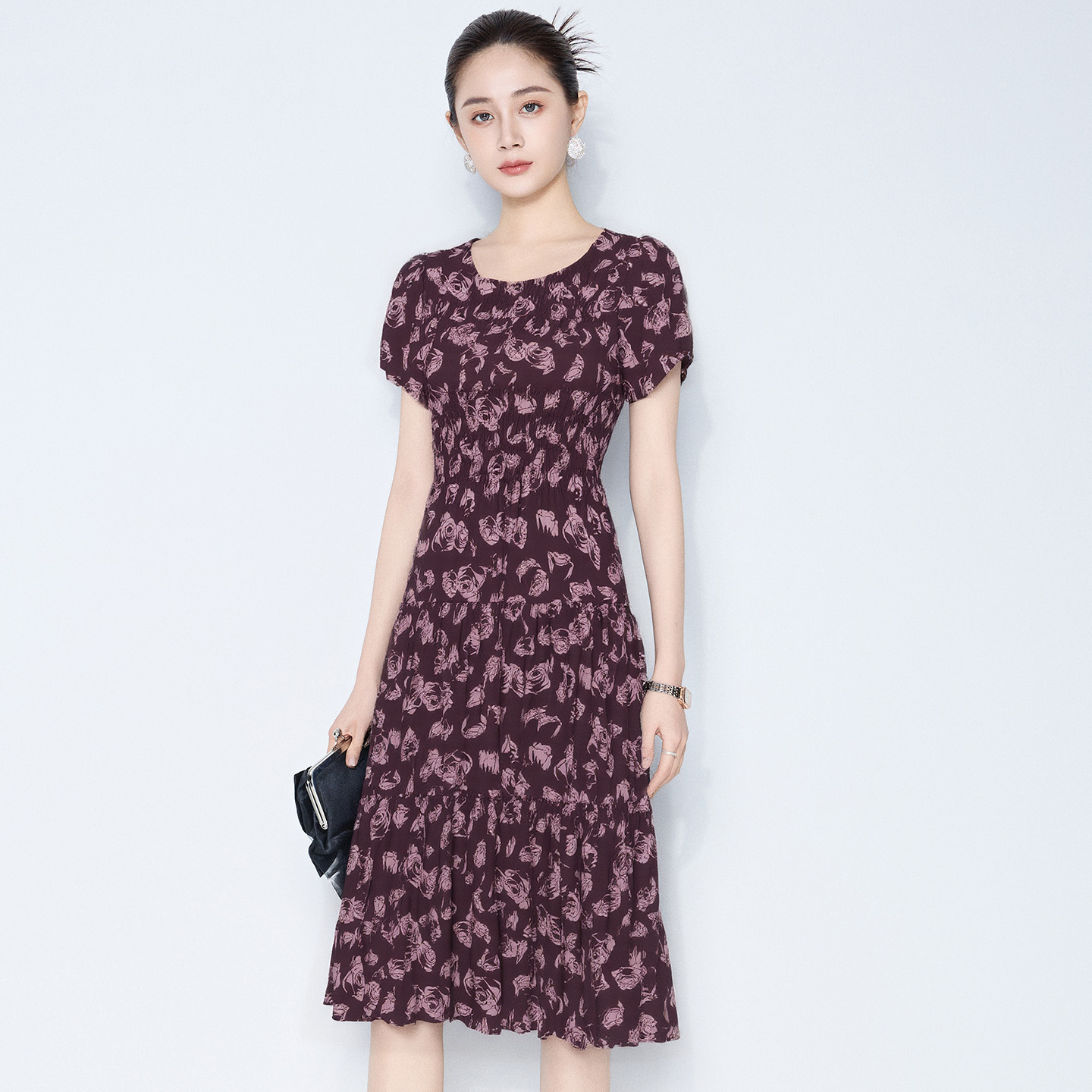 马天奴2025秋冬新款植物印花连衣裙子圆领泡泡袖收腰气质法式复古 - 图3