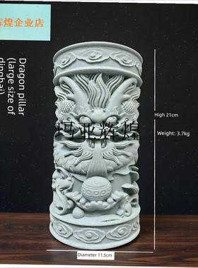 绿色砂岩中国风雕花龙柱桌面x国风摆件可养鱼缸造景潜水客厅摆件,