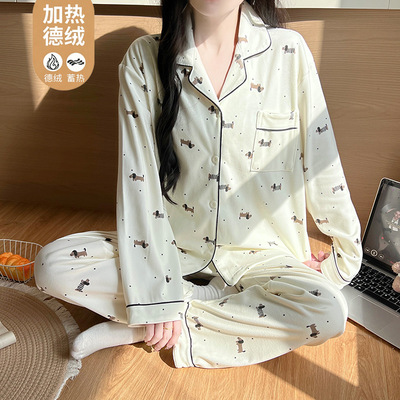 【情侣款睡衣】德绒翻领开衫长袖宽松甜美家居服法兰绒睡衣qyg
