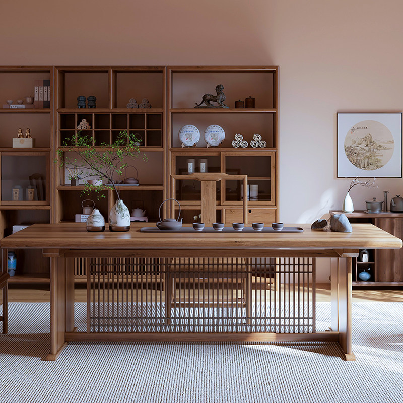 新中式办公桌胡桃木色茶桌禅意实木功夫茶台茶室空间茶桌干泡茶桌,淘宝优惠券,粉丝福利购,淘宝优惠卷