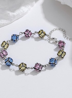 日韩手镶锆石琉璃球彩p色玫红天空蓝手链女气质百搭璀璨彩锆手饰