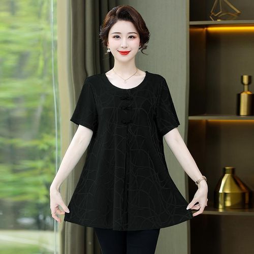 中老年人薄款加肥加大码宽松上衣女肥胖妈妈夏装短袖中年洋气t恤 - 图1