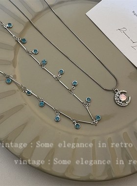 超仙甜酷蓝色皓石月亮双层叠戴项链女小众甜美气质百搭锁骨链颈链