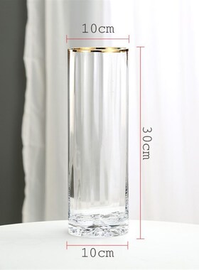 北欧条纹直筒灰色描金透明玻璃花瓶摆件客厅简约插餐桌面装饰花瓶