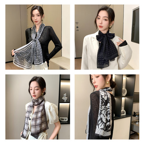 25秋新款韩系绒雪纺丝巾女轻薄法式波点领巾防晒头巾腰带装饰围巾 - 图0