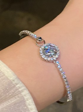 大爆闪大圆钻手镯女高级感素圈银手镯子手链轻奢小众满钻手环饰品