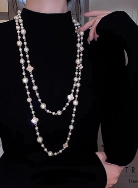 新中式国风珍珠项链2024新款爆款女多层叠长款夏季旗袍配饰毛衣链