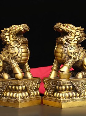 铜麒麟摆件一对聚宝盆麒麟家用办公室J客厅玄关桌面铜摆件礼品