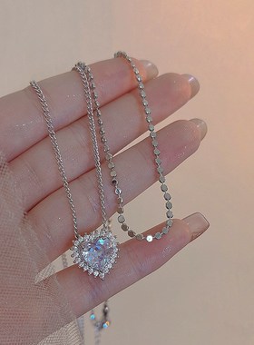 韩国双层叠戴爱心项链女轻奢小众设计感碎银子锁骨链高级气质颈链