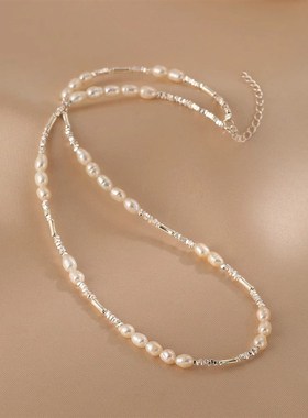 法式天然珍珠项链女锁骨链小众设计感碎银子拼接串珠颈链文艺复古