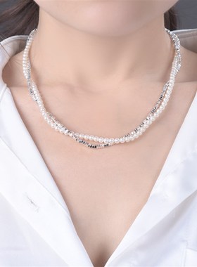 碎银子珍珠缠绕双层叠戴项链女秋冬高级感小众轻奢颈链毛衣链配饰