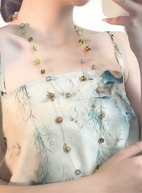 新中式复古绿棕金圆珠超长可多层叠戴项链女轻奢小众设计精致项饰