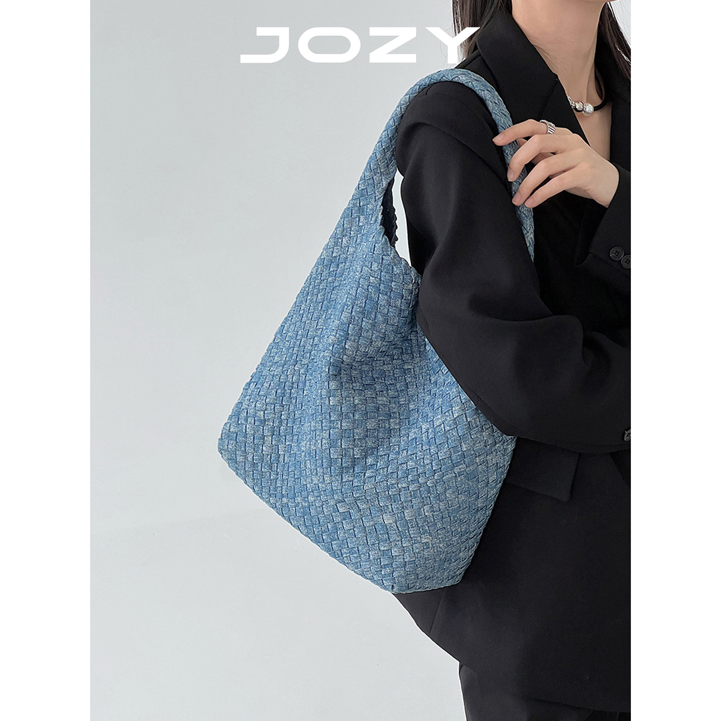 jozy牛仔布手工编织包水桶包女包包新款女士大托特包手提单肩斜挎