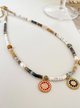 新中式复古彩色串珠项链女小众百搭高级感精致气质简约时尚锁骨链
