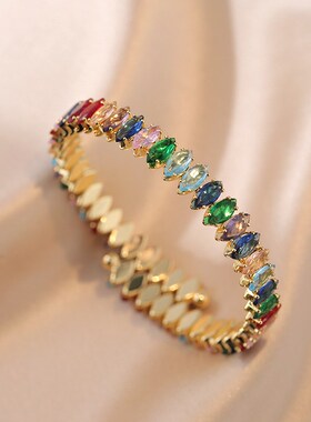 手镯女 日韩风时尚简约满钻彩色锆石椭圆开口时尚个性手环饰品女