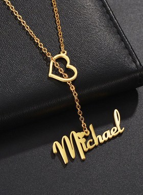 创意名字私人定 制镂空爱心英文字母不锈钢吊坠项链女锁骨链饰品
