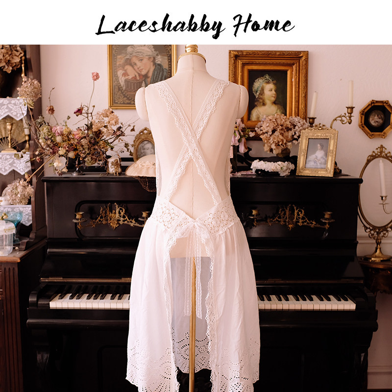 伊丝莎贝新款复古乡村风白色镂空绣花蕾丝棉质法式布艺居家围裙女,淘宝优惠券,粉丝福利购,淘宝优惠卷