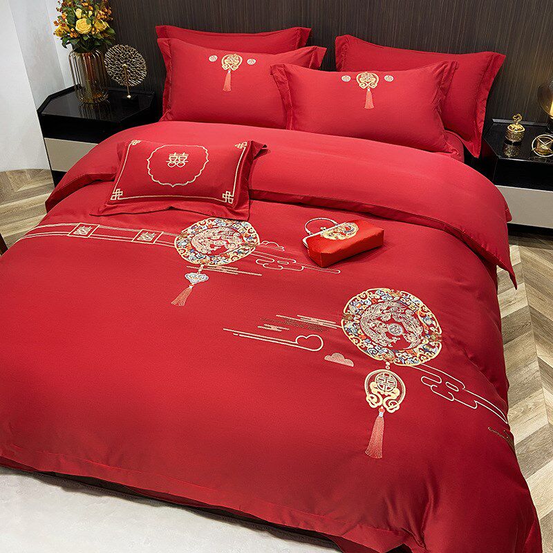 婚嫁四件套纯棉刺l绣红色高级感床单被套婚庆婚房喜被结婚床上用 - 图0
