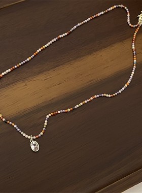 春夏新款及细切面水晶串珠项链 复古森系法式水滴锆石吊坠锁骨链