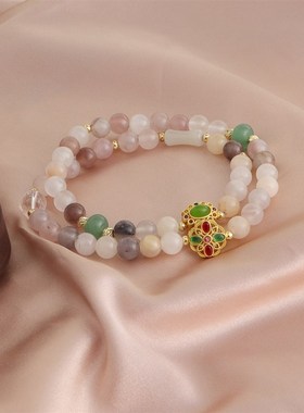 国风新中式天然紫太翠水晶手链多宝玉竹节双圈手链百搭汉服配饰