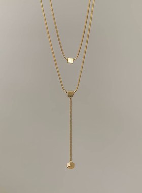 多层小方块轻奢高级设计感小众项链女款锁骨链毛衣链长款项链潮流