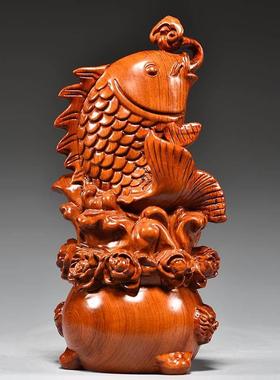 花梨实木雕刻年年有鱼摆件一对鲤鱼木质家居办公室乔迁送礼装饰品