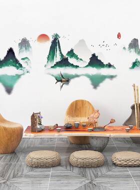 极速新中a式玄关客厅装饰画中国风墙贴纸走廊山水画墙面荷花贴画