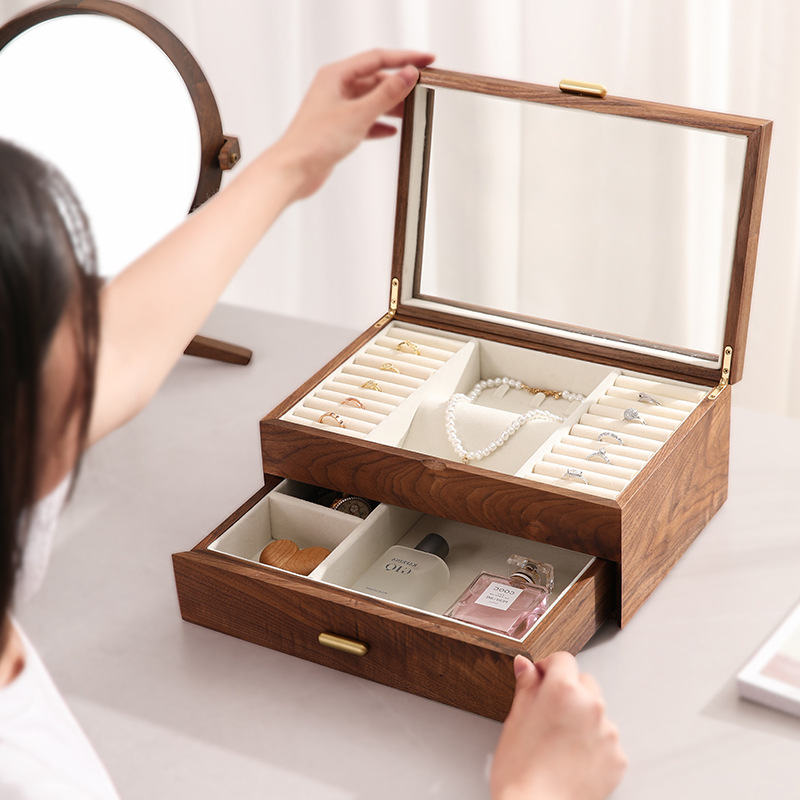 黑胡桃木双层首饰盒项链耳环戒指饰品高级轻奢实木收纳盒结婚礼物 - 图1