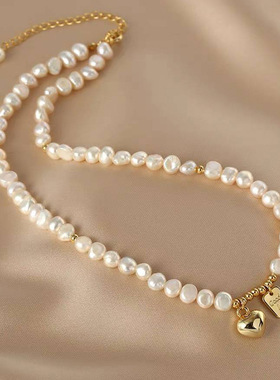 极速天然淡水珍珠项炼女复古爱心B方牌吊坠锁骨链法式轻奢百搭小