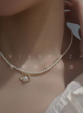 极速网红新品奶油白babyv珠正圆强光施家珍珠项链14k包金毛衣链