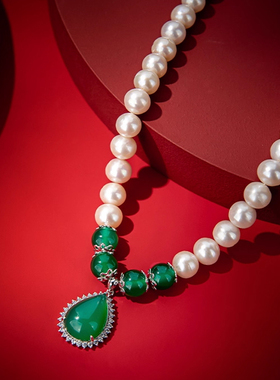 珍珠项链玉髓吊坠纯银贝珠颈链女送妈妈款长辈婆婆生日母亲节礼物