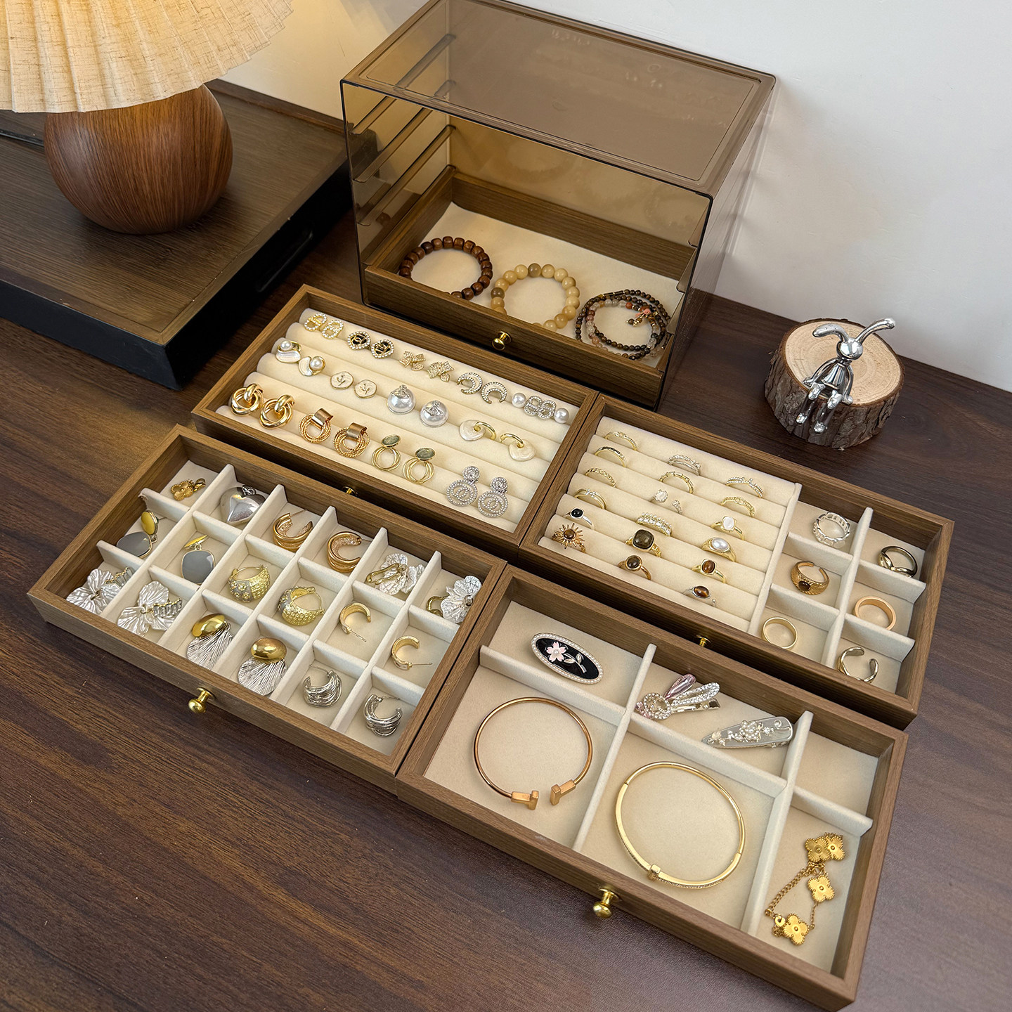 首饰收纳盒高档精致胡桃木纹大容量耳钉项链饰品头饰手饰收纳盒子,淘宝优惠券,粉丝福利购,淘宝优惠卷