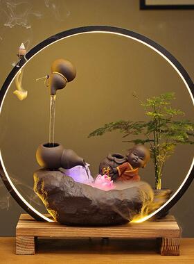 禅意中式流水器办公室桌面摆件灯圈悬空壶客厅玄关装饰品流水景观