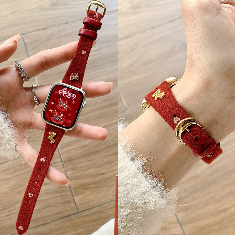 适用苹果iwatch S11代手表S10表带S9876543马年毛呢拼真皮表带SE新年女款腕带Ultra2潮款红色表带,淘宝优惠券,粉丝福利购,淘宝优惠卷