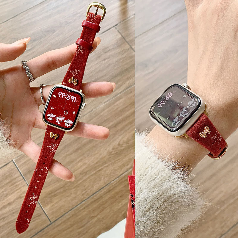 适用苹果iwatch S11代手表S10表带S9876543马年毛呢拼真皮表带SE新年女款腕带Ultra2潮款红色表带,淘宝优惠券,粉丝福利购,淘宝优惠卷