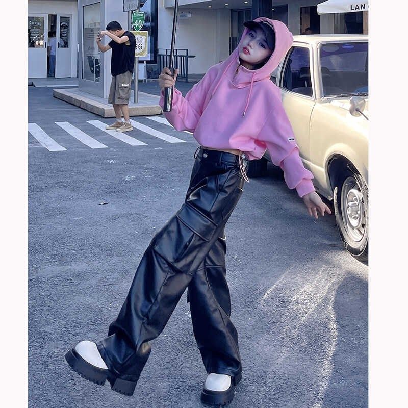 连帽短款卫衣女童秋季新款2025秋装女H孩炸街阔腿休闲皮裤两件套,淘宝优惠券,粉丝福利购,淘宝优惠卷