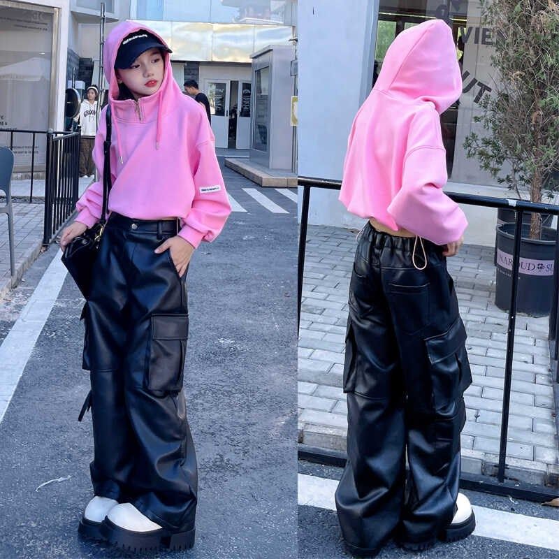 连帽短款卫衣女童秋季新款2025秋装女H孩炸街阔腿休闲皮裤两件套,淘宝优惠券,粉丝福利购,淘宝优惠卷