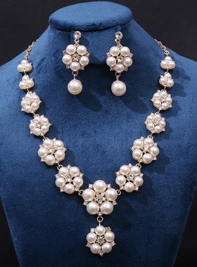 韩版珍珠项链耳环两件套 新娘高级感镶水晶钻珍珠链套装厂家