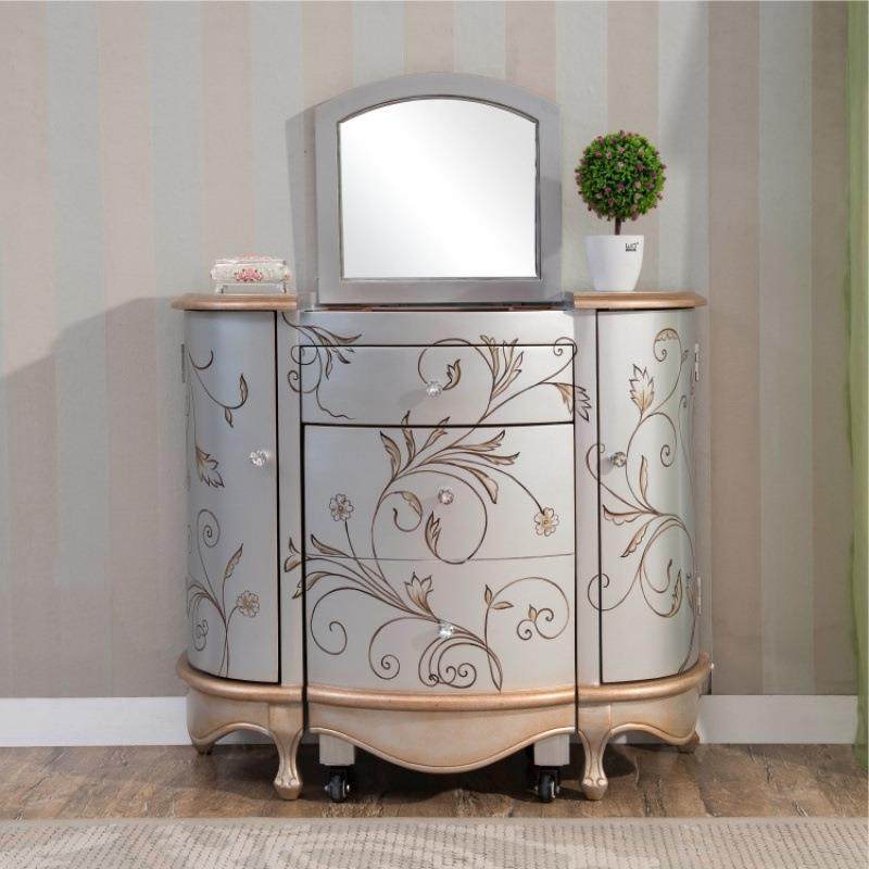 美式彩绘梳妆台+梳妆凳地中海风格卧室梳妆柜化妆桌带镜子半圆形,淘宝优惠券,粉丝福利购,淘宝优惠卷