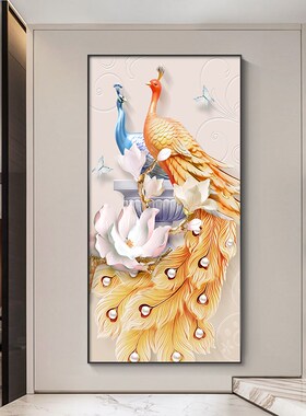 新品吉祥孔雀玄关装饰画新中式牡B丹国风书房茶室客厅壁画轻奢花