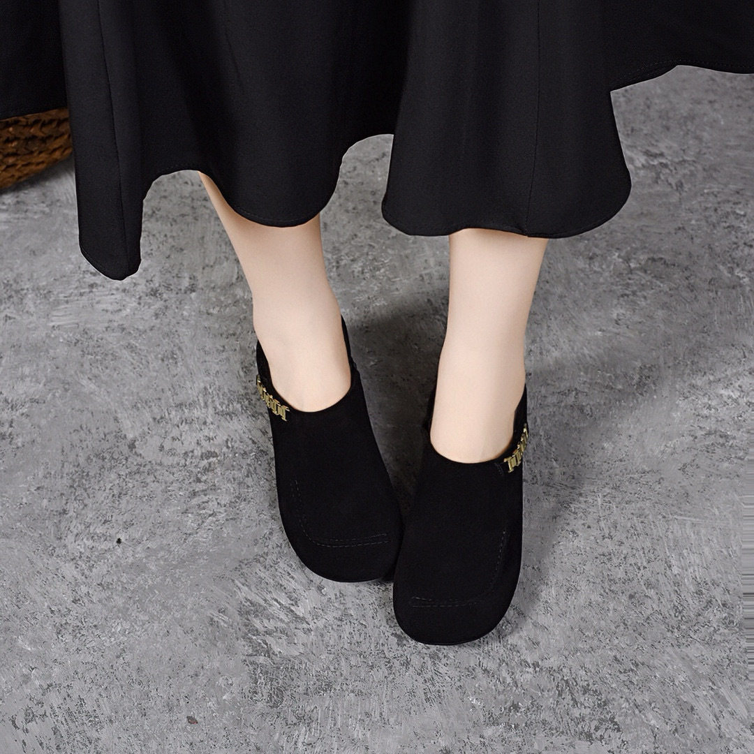 圆头乐福鞋女2025简约气质黑色链条单鞋深口套脚平底鞋复古穆勒鞋,淘宝优惠券,粉丝福利购,淘宝优惠卷