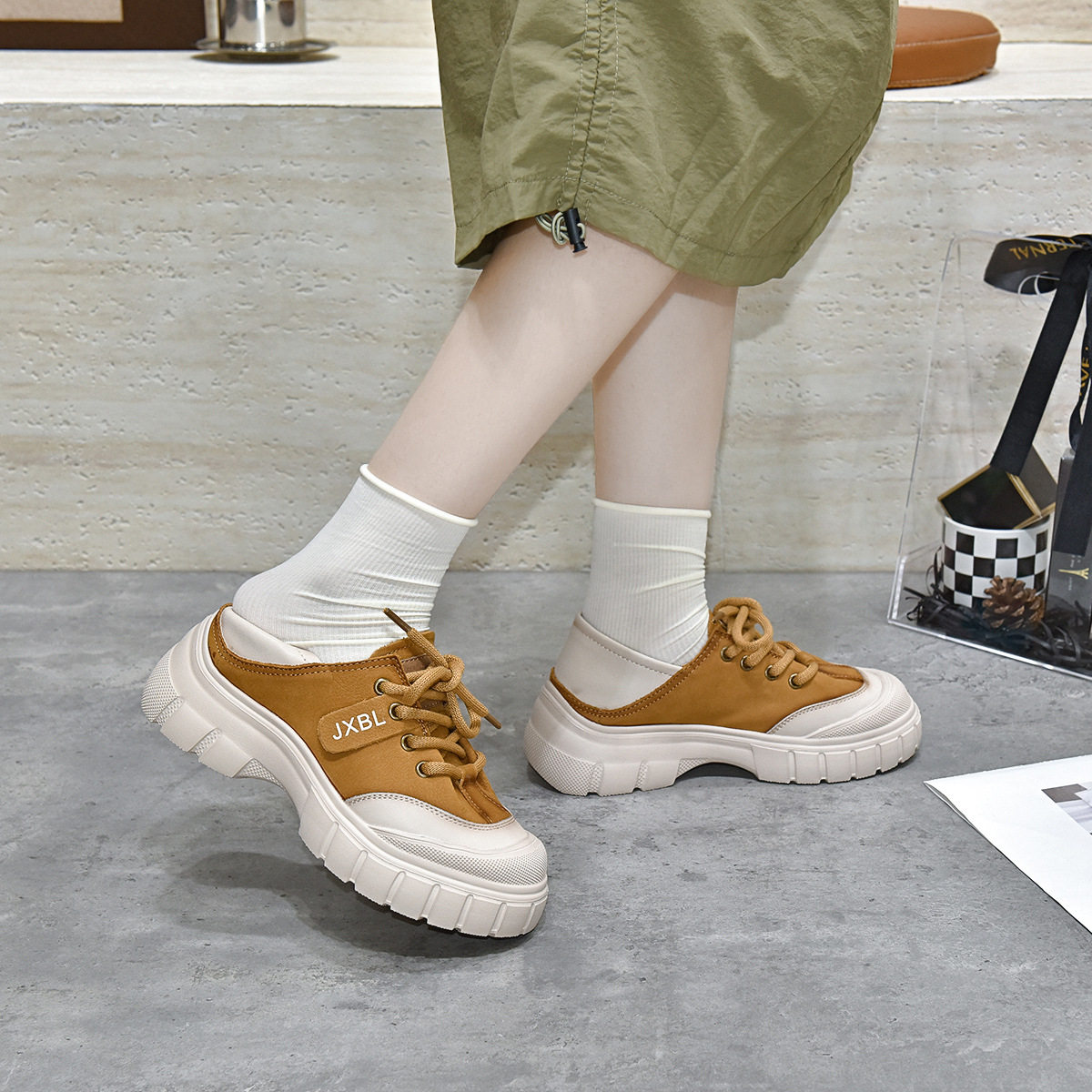 厚底小白鞋女2024秋季韩版拼色系带小单鞋一鞋两穿乐福鞋实体专供,淘宝优惠券,粉丝福利购,淘宝优惠卷