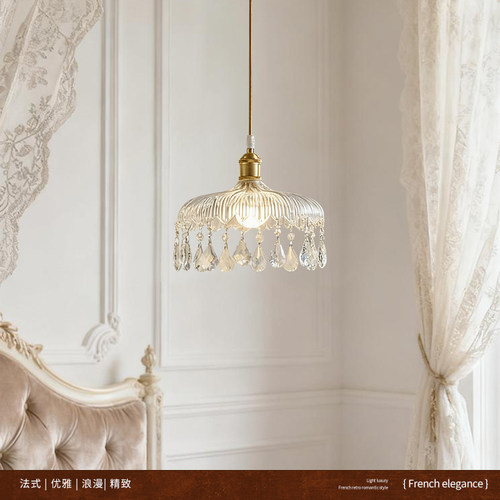 飞朵法式中古风餐厅吊灯复古餐桌灯阳台过道水晶玻璃卧室床头灯具 - 图0